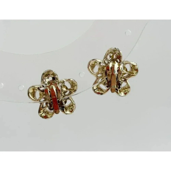 Vintage Gold Toned Floral Iridescent Stone Pearl Gemstone Stud Earrings - Picture 4 of 9